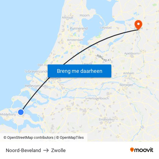 Noord-Beveland to Zwolle map
