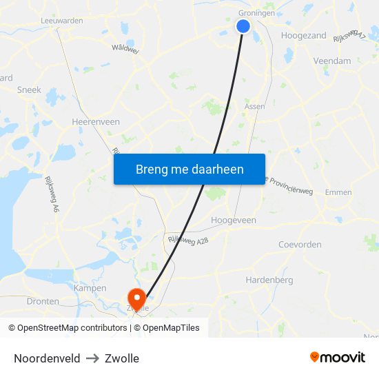 Noordenveld to Zwolle map