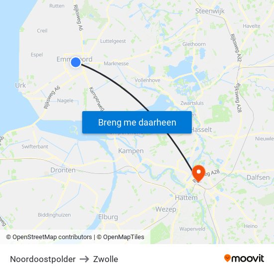 Noordoostpolder to Zwolle map
