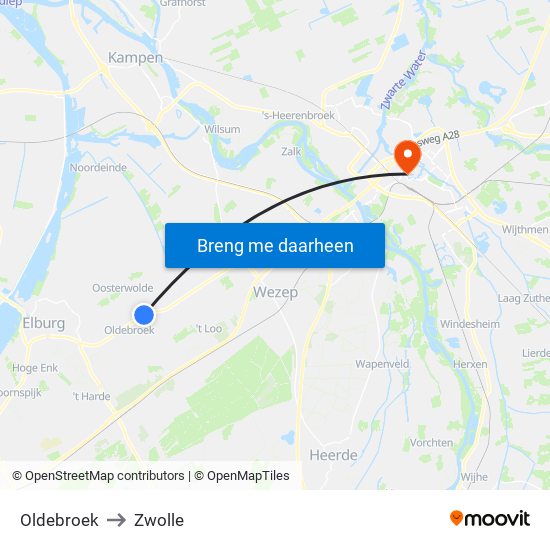 Oldebroek to Zwolle map