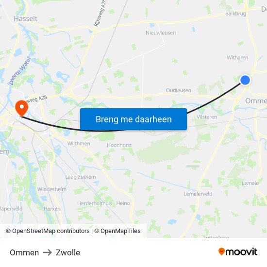 Ommen to Zwolle map