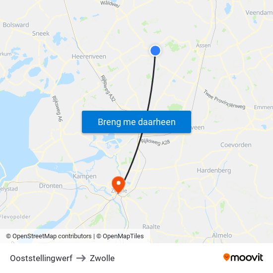 Ooststellingwerf to Zwolle map
