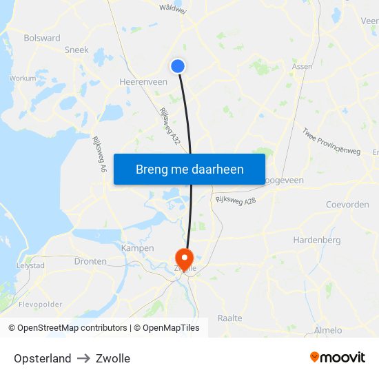 Opsterland to Zwolle map