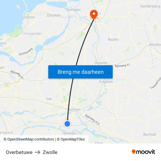 Overbetuwe to Zwolle map