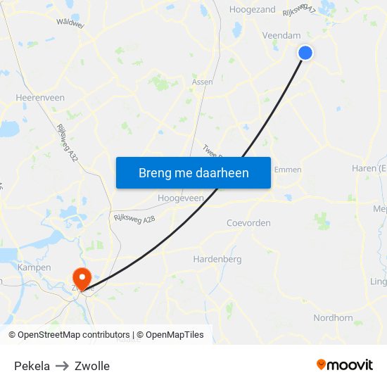 Pekela to Zwolle map