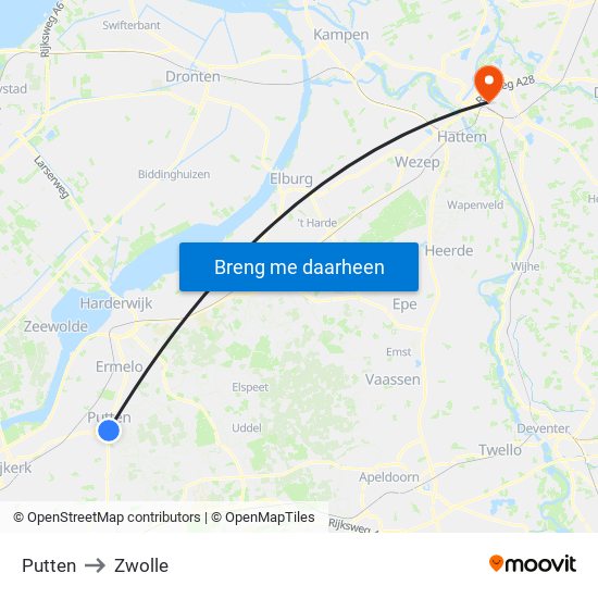 Putten to Zwolle map