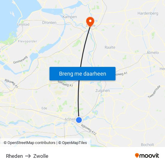 Rheden to Zwolle map