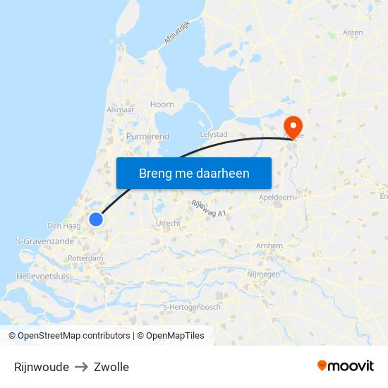 Rijnwoude to Zwolle map