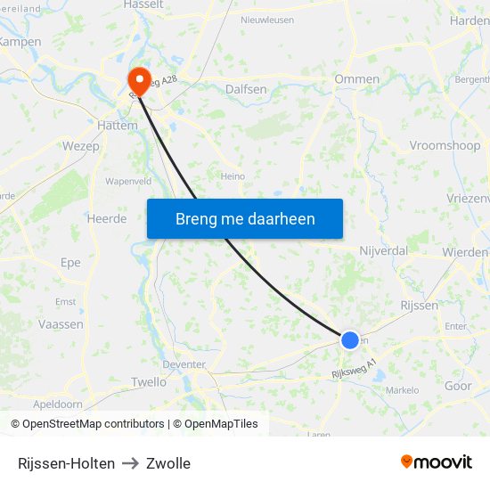 Rijssen-Holten to Zwolle map