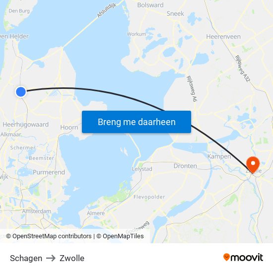 Schagen to Zwolle map