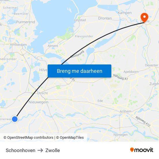 Schoonhoven to Zwolle map