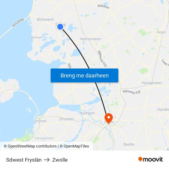 Sdwest Fryslân to Zwolle map