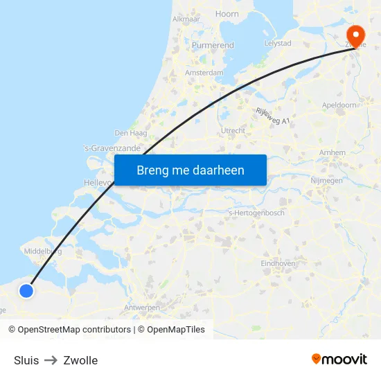 Sluis to Zwolle map