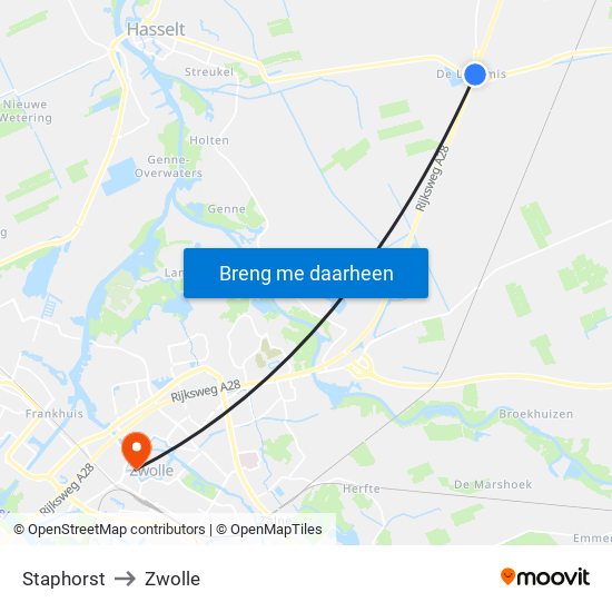 Staphorst to Zwolle map