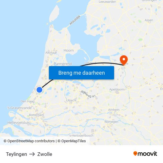 Teylingen to Zwolle map