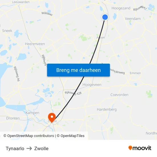 Tynaarlo to Zwolle map