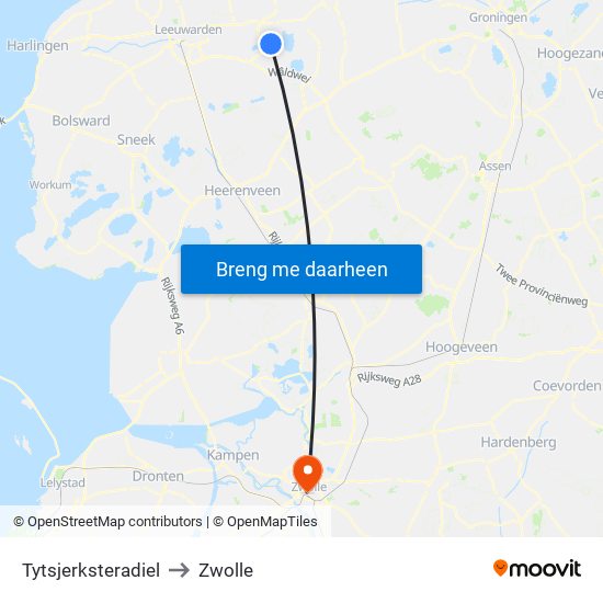 Tytsjerksteradiel to Zwolle map