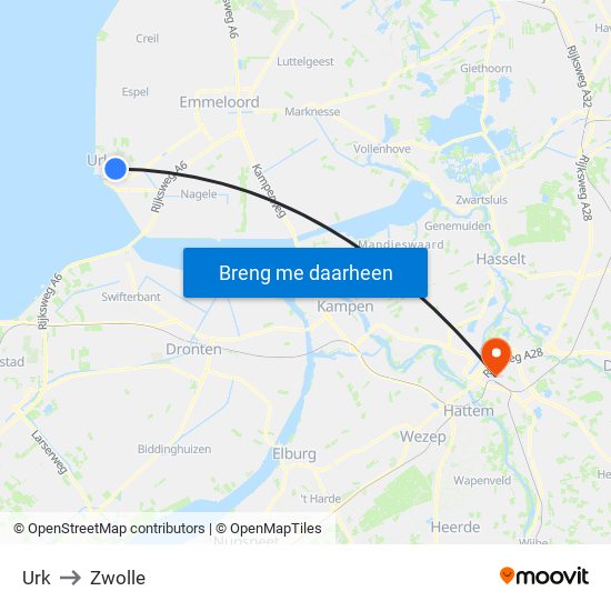 Urk to Zwolle map
