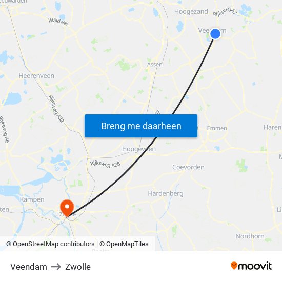 Veendam to Zwolle map