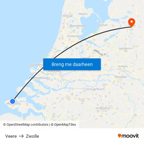 Veere to Zwolle map