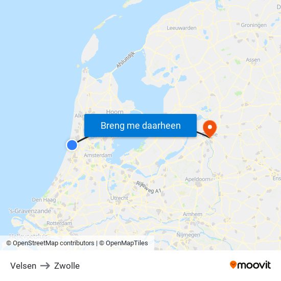 Velsen to Zwolle map