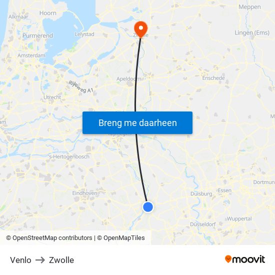 Venlo to Zwolle map