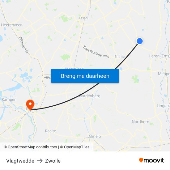 Vlagtwedde to Zwolle map