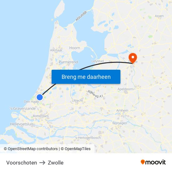 Voorschoten to Zwolle map