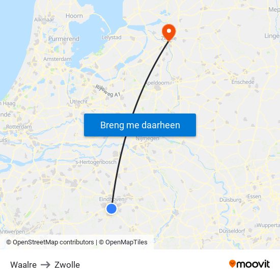 Waalre to Zwolle map