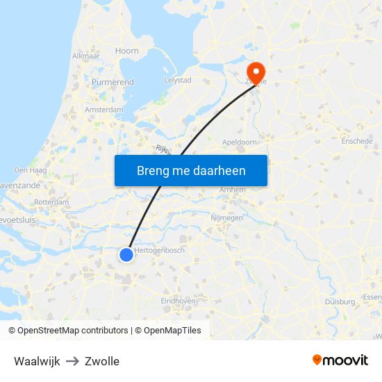 Waalwijk to Zwolle map