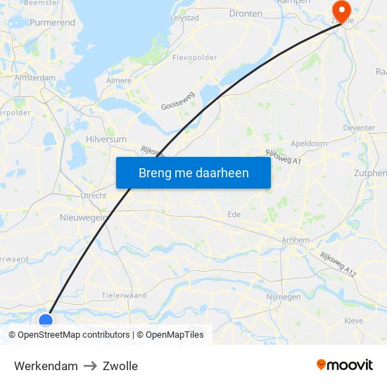 Werkendam to Zwolle map