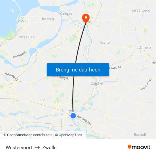 Westervoort to Zwolle map