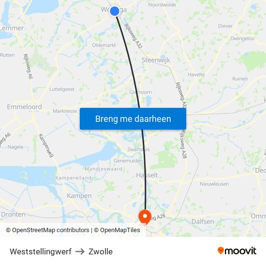 Weststellingwerf to Zwolle map