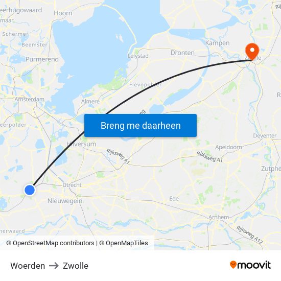 Woerden to Zwolle map