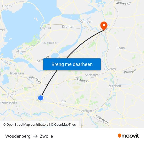 Woudenberg to Zwolle map