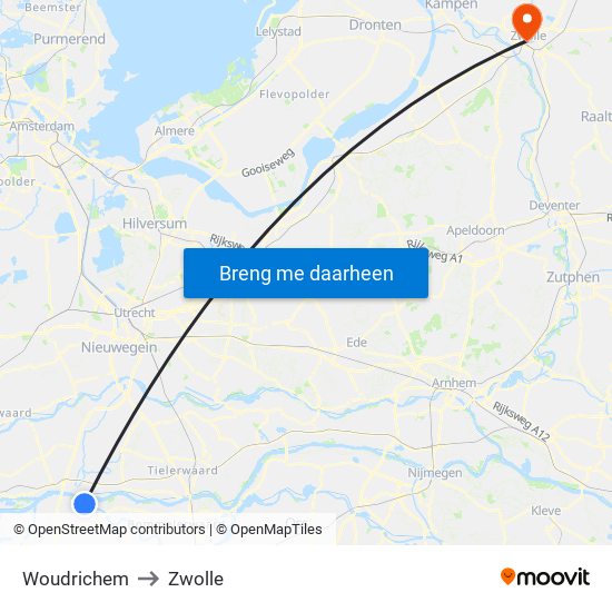 Woudrichem to Zwolle map