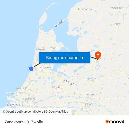 Zandvoort to Zwolle map