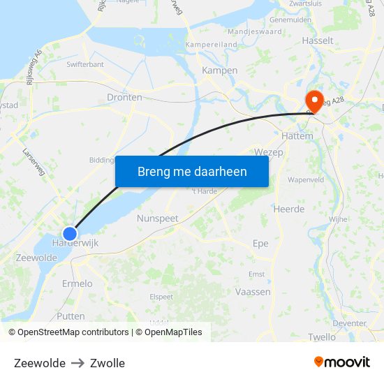 Zeewolde to Zwolle map