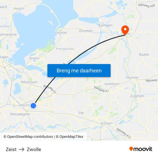 Zeist to Zwolle map