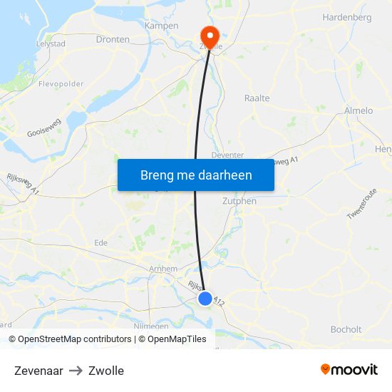Zevenaar to Zwolle map