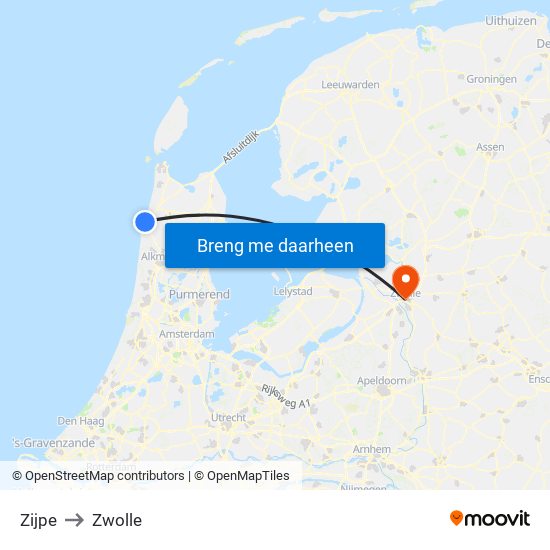 Zijpe to Zwolle map