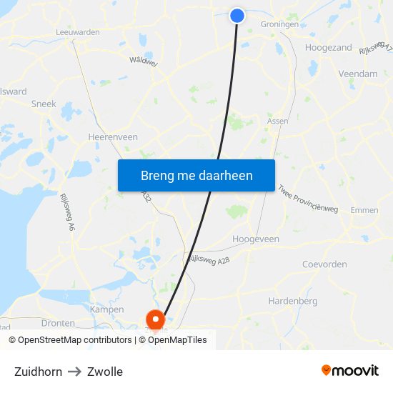 Zuidhorn to Zwolle map