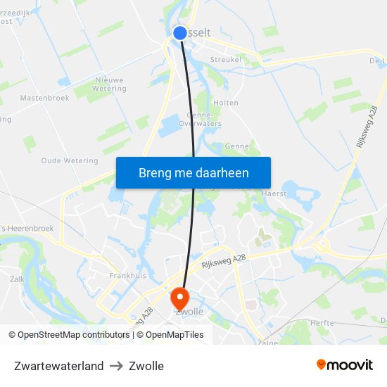 Zwartewaterland to Zwolle map