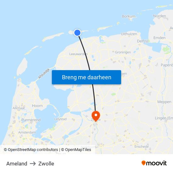 Ameland to Zwolle map