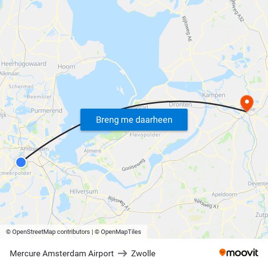 Mercure Amsterdam Airport to Zwolle map