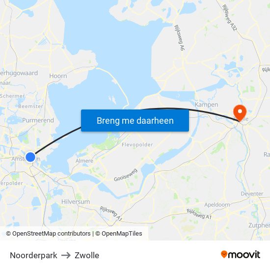 Noorderpark to Zwolle map