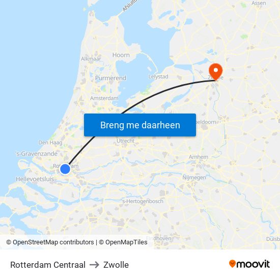 Rotterdam Centraal to Zwolle map