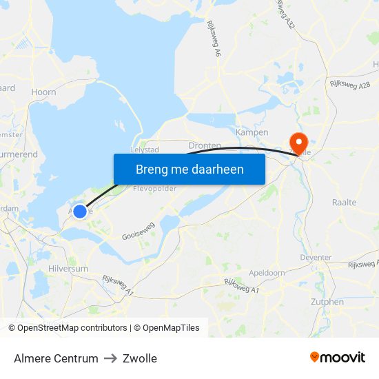 Almere Centrum to Zwolle map