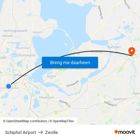 Schiphol Airport to Zwolle map