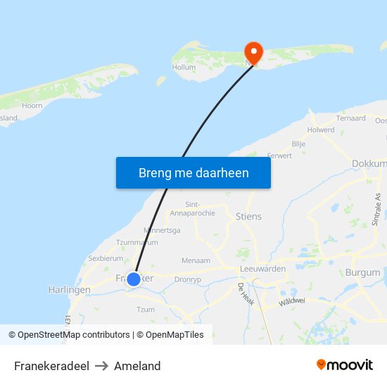 Franekeradeel to Ameland map